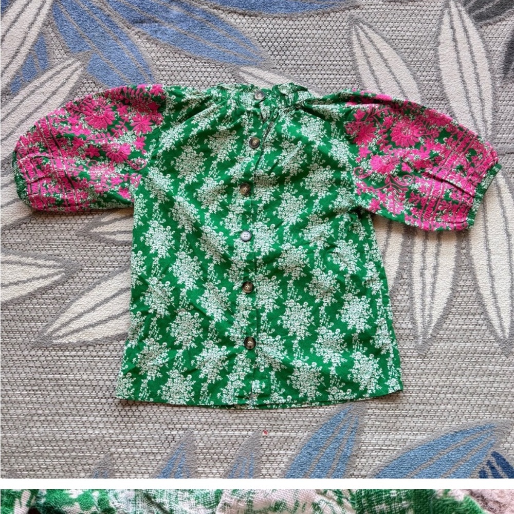 THML Women’s Anegada Embroidered Puff Short Sleeve Blouse Green Pink Size XS Top - Picture 6 of 6